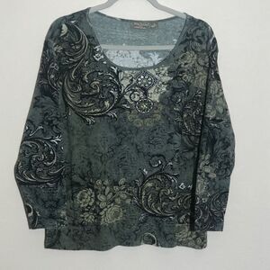 Jane Ashley Sweater Womens 1X Gray Black White Floral Paisley‎ Pullover LS